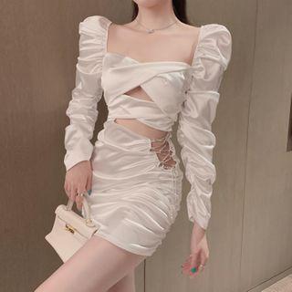 Puff-sleeve Shirred Lace-up Sheath Dress