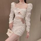 Puff-sleeve Shirred Lace-up Sheath Dress