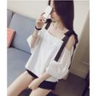 Bow Accent Off Shoulder 3/4 Sleeve Chiffon Top