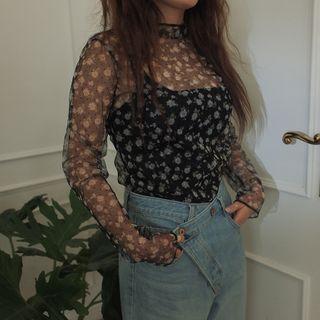 Long-sleeve Floral Polka Dot Top Black - One Size