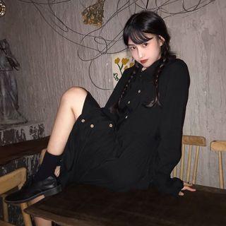 Plain Long-sleeve Shirtdress Black - One Size