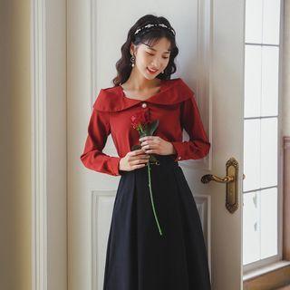 Set: Mock Two-piece Blouse + Plain A-line Skirt