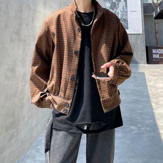 Stand-collar Plaid Cropped Jacket