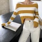 Striped Cold-shoulder Cropped Long-sleeve Knit Top