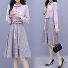 Set: Long-sleeve Ribbon Shirt + Plaid A-line Skirt