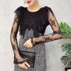 Long-sleeve Lace Panel Tweed Dress