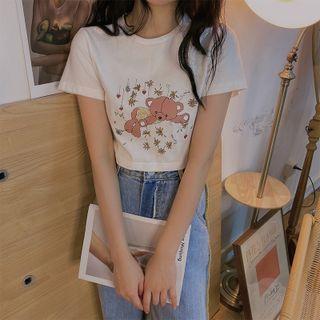 Short-sleeve Cartoon Bear Cropped T-shirt