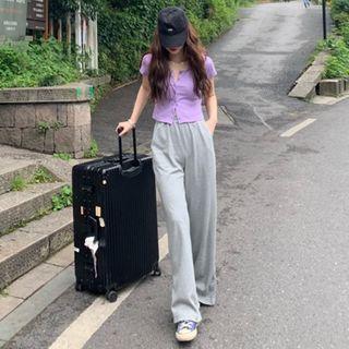 Short-sleeve Buttoned Crop Top / Slit-hem Sweatpants