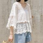 3/4-sleeve Lace Tunic White - One Size