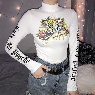 Mock-turtleneck Angel Print Long-sleeve T-shirt