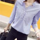 Front Pocket 3/4-sleeve Striped Blouse