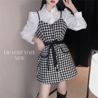 Plain Shirt / Houndstooth Mini A-line Overall Dress