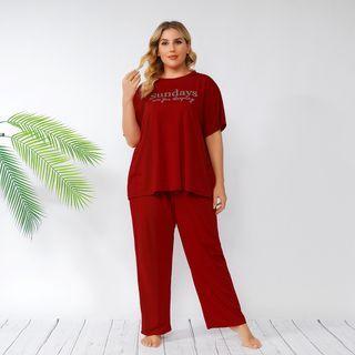 Plus Size Set: Short Sleeve Lettering T-shirt + Wide Leg Pants