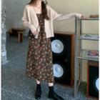 Floral Print Sleeveless Dress / Plain Button-up Cardigan