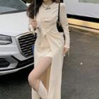 Long-sleeve Lettering Print Twist-front Knit Midi A-line Dress