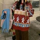 Long-sleeve Christmas Printed Snowman  Knit Sweater Red - One Size