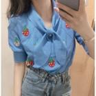 Short-sleeve Tie-neck Strawberry Embroidered Knit Top