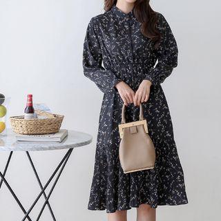 Mandarin-collar Floral Print Dress Black - One Size