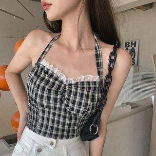 Halter-neck Lace Trim Plaid Camisole Top