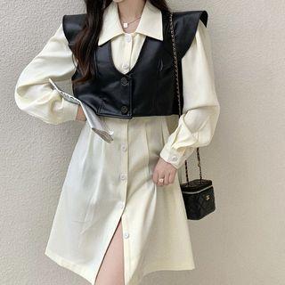 Mini Shirt Dress / Faux Leather Vest