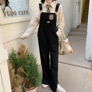 Bear Embroidered Wide Leg Denim Jumper Pants