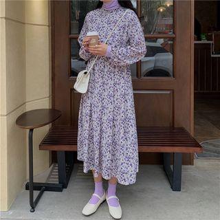 Long-sleeve Floral Printed Dress / Long-sleeve Mock Neck Plain Top