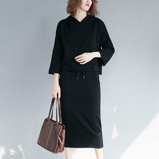 Set: Plain Hoodie + Midi Drawstring Straight-fit Skirt