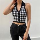 Gingham Collared Knit Cropped Halter Top
