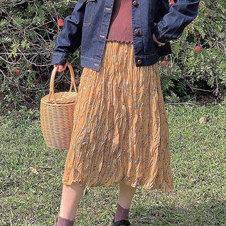 Floral Print Shirred Midi A-line Skirt