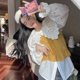 Bell-sleeve Eyelet Blouse / V-neck Sweater Vest