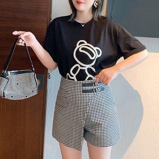 Set: Short-sleeve Print T-shirt + Plaid Mini A-line Skort