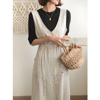 V-neck Buttoned Pinafore Linen Dress