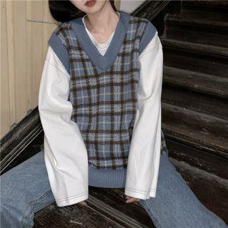 Plaid V-neck Sweater Vest Plaid - Blue - One Size