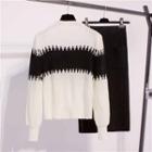 Color Block Sweater / Back Slit Midi Knit Skirt / Set