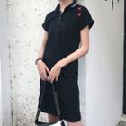 Heart Print Short-sleeve Polo Dress Black - One Size
