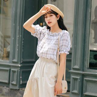 Plaid Elbow-sleeve Chiffon Top Plaid - White - One Size