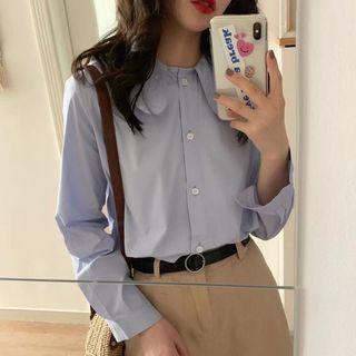 Plain Long-sleeve Wide Collar Shirt