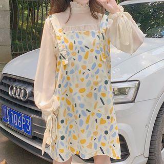 Set: Ruffled Plain Chiffon Blouse + Print Jumper Dress