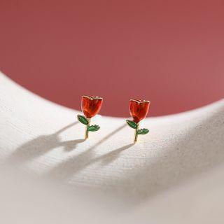 925 Sterling Silver Flower Stud Earring Rose - One Size