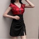 Two-tone Panel Shirred Mini Sheath Dress