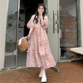 Puff-sleeve Floral Midi A-line Dress Almond - One Size