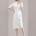 Short-sleeve Belted Ruffled Midi Sheath Dress