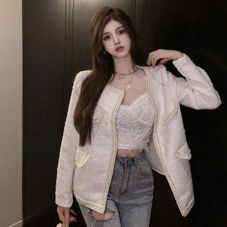 Tweed Open Front Jacket White - One Size