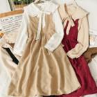Set: Tie-neckline Sailor-collar Loose Shirt + Sleeveless Midi Dress