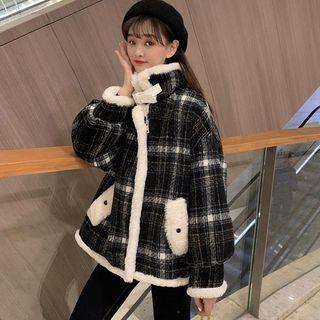Contrast Trim Shearling Panel Plaid Coat