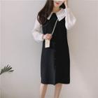 Balloon-sleeve Blouse / Tie-front Knit Pinafore Dress