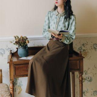 Dotted Shirt / High-waist Midi A-line Skirt / Set