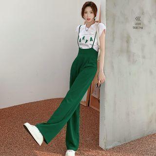 Cap Sleeve Letter Print T-shirt / High Waist Loose-fit Suspender Pants