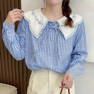 Peter Pan-collar Embroidered Floral Panel Plaid Blouse