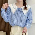 Peter Pan-collar Embroidered Floral Panel Plaid Blouse